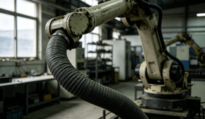 Robot arm flexible cable in industrial workshop natural window light