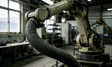 Robot arm flexible cable in industrial workshop natural window light